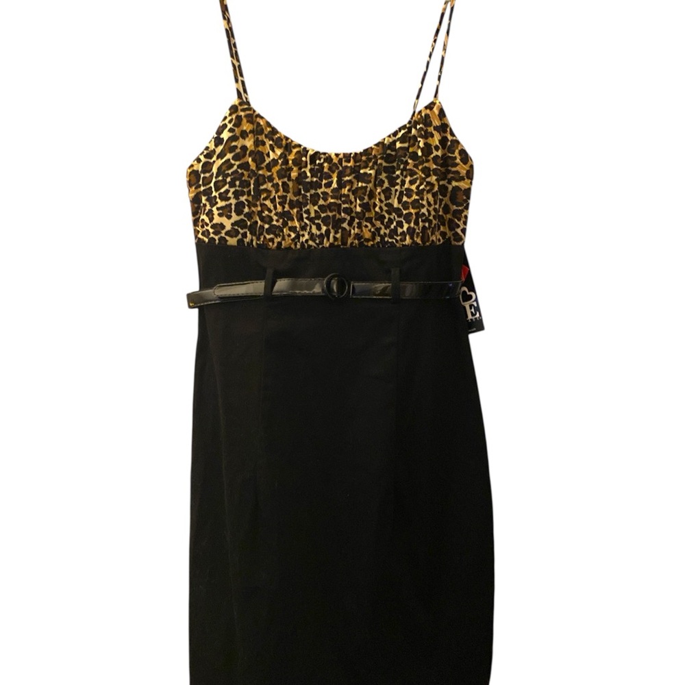 Black and Leopard Print Belted sleeveless Dress